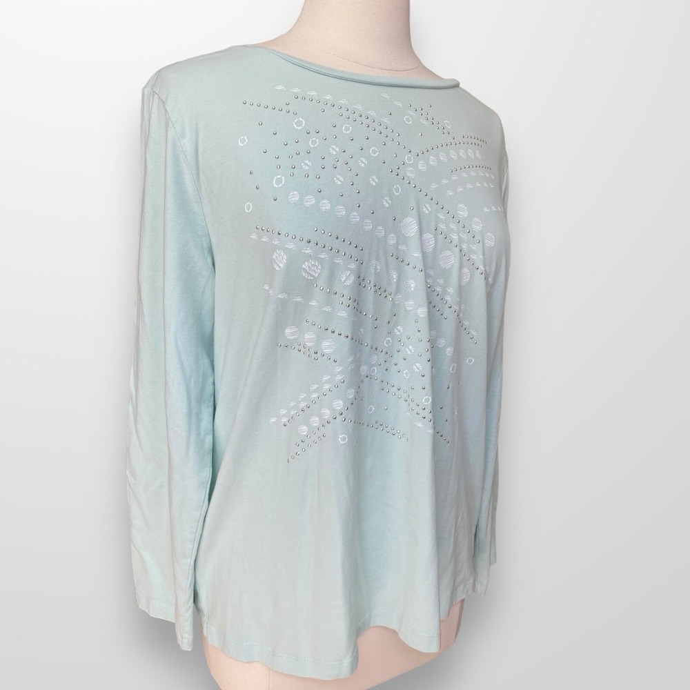 CJ Banks Woman's Size X 14W Top Shirt Long Sleeve Mint Green Beaded Stretch